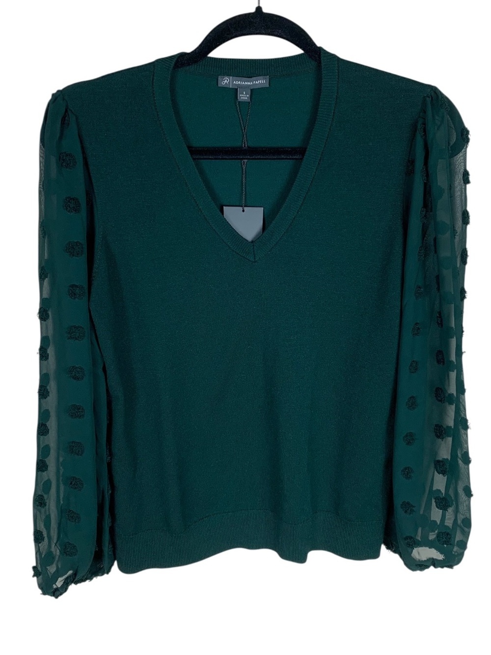 Adrianna Papell Hunter Green V-Neck Sweater Long Sheer Polka Dot Sleeves Size S
